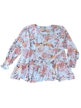 American Rag Floral Boho Blouse Plus 2X Long Sleeve Flowy Back Tie